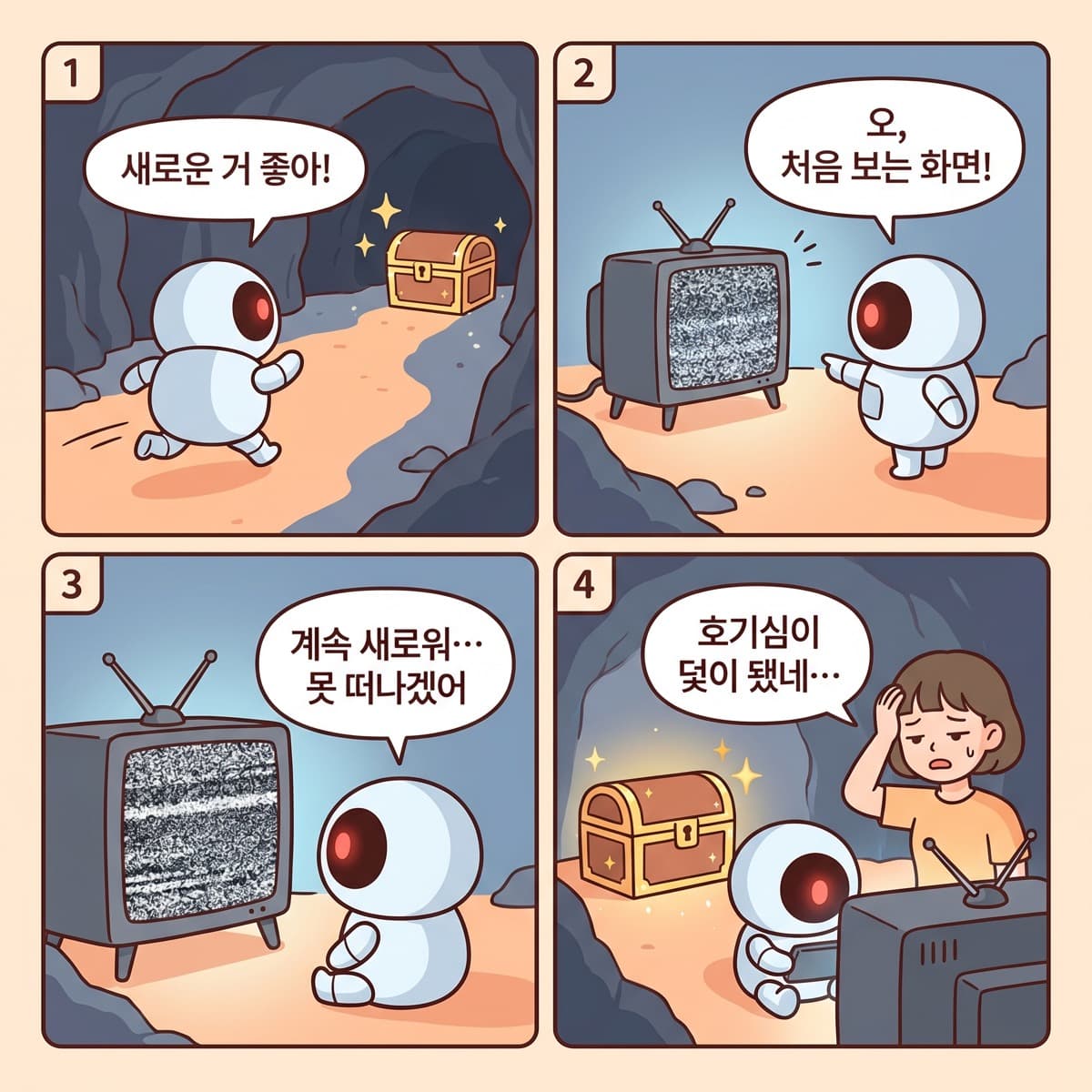 비트가 보물을 두고 노이즈 TV에 빠져버리는 4컷 만화