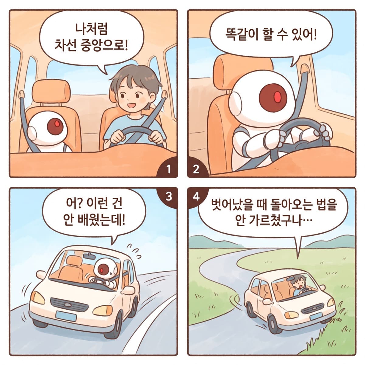 비트가 지나를 따라 운전하다 길을 벗어나는 4컷 만화