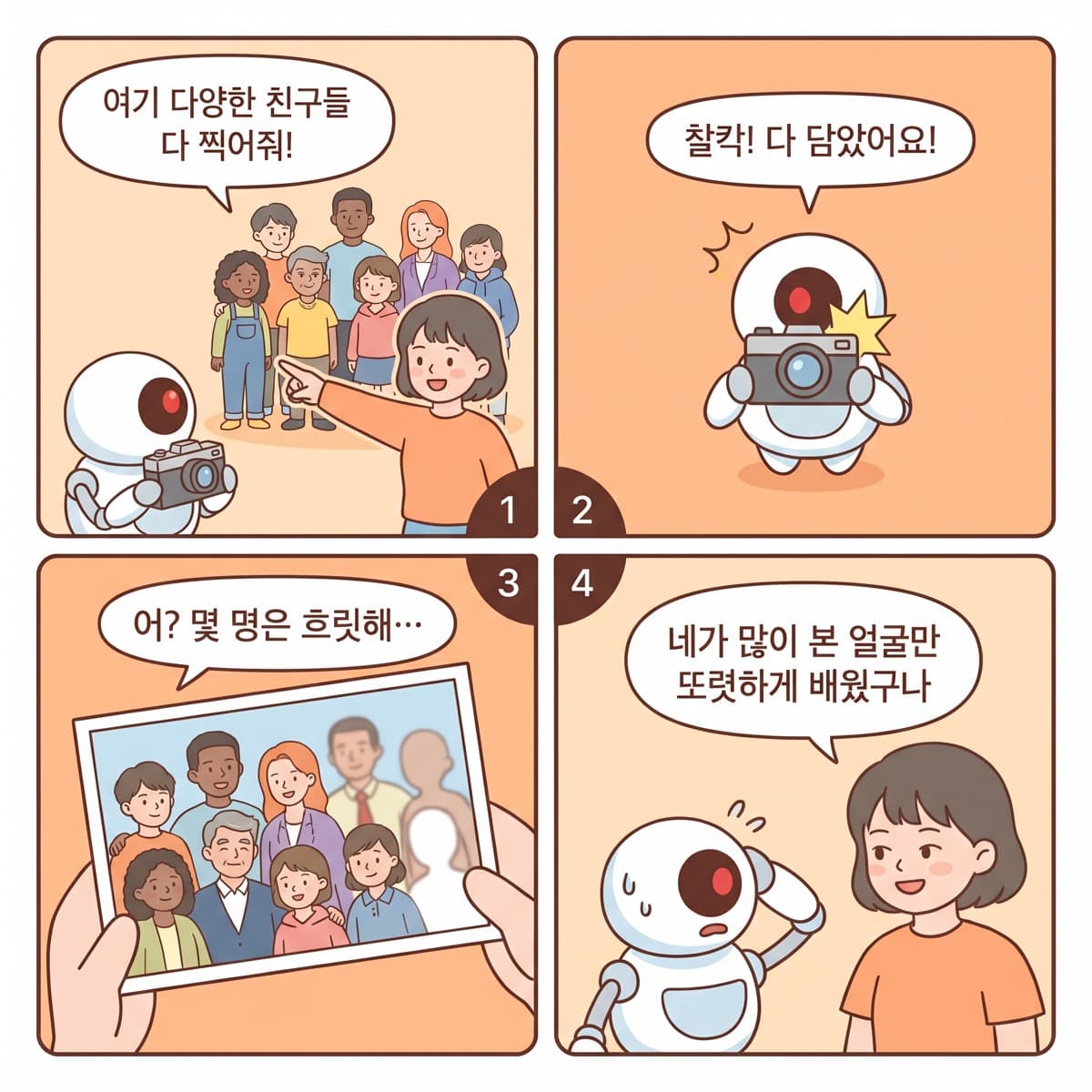 비트가 다양한 사람을 찍지만 일부 얼굴만 또렷한 4컷 만화