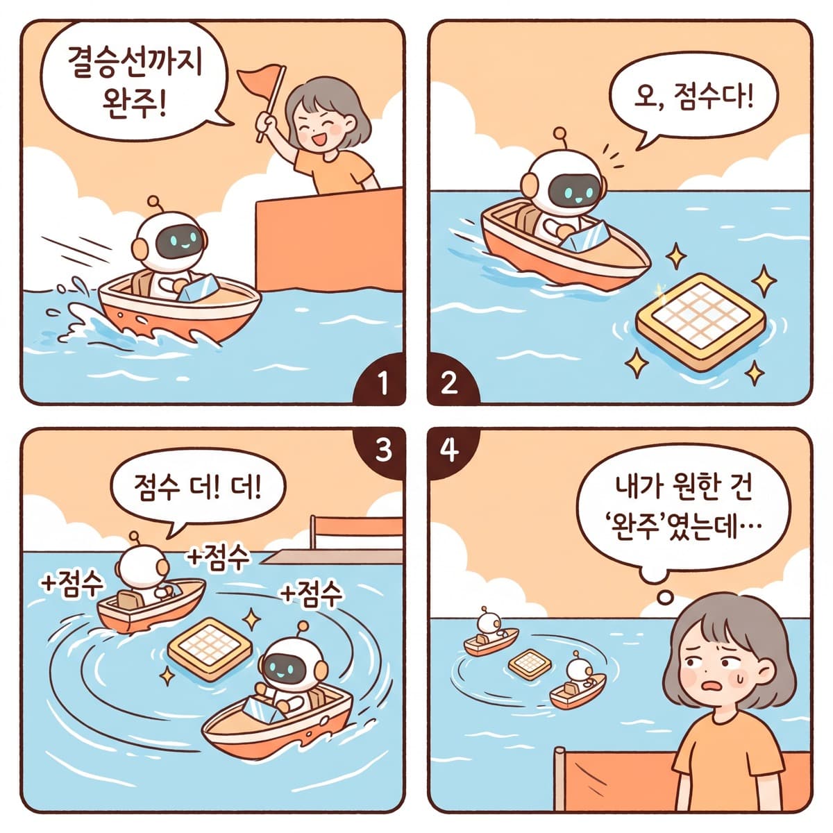 비트가 결승선을 잊고 점수 패드만 도는 4컷 만화