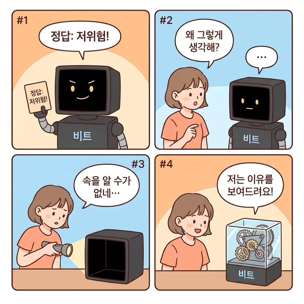 이유를 못 보여주는 블랙박스와 속이 보이는 유리 상자의 4컷 만화