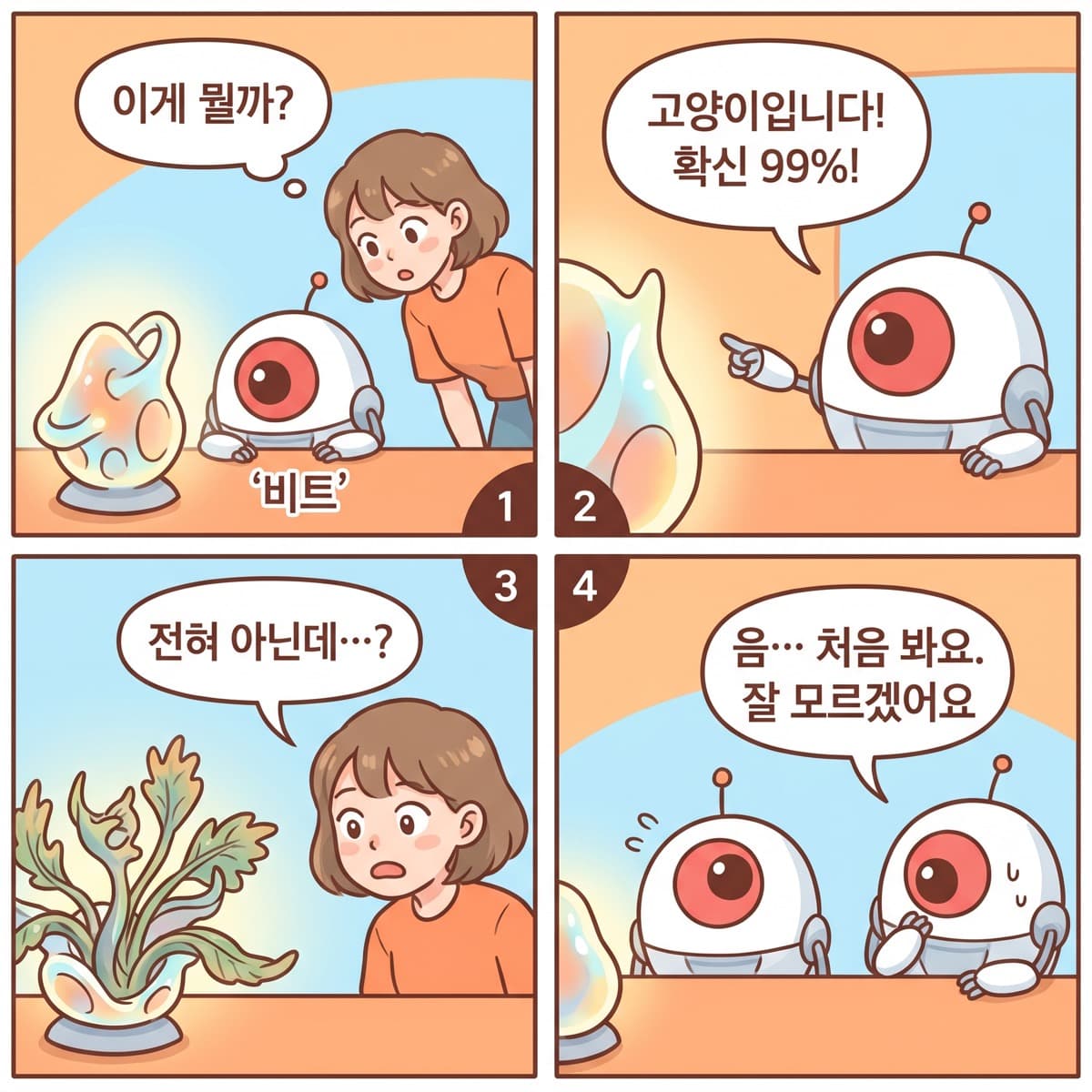 낯선 물체를 99%로 확신하는 비트와, 모른다고 말하는 비트의 4컷 만화
